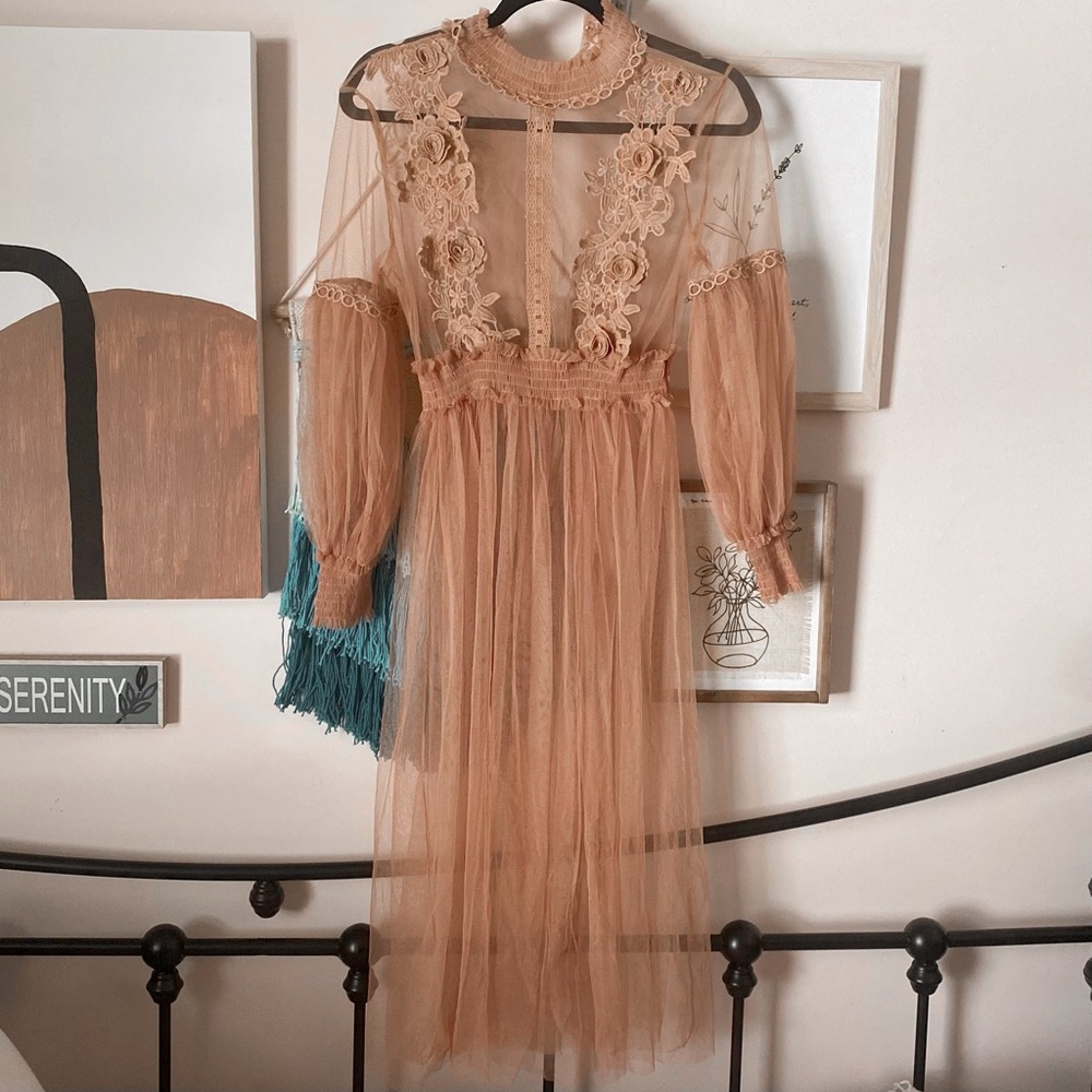 ☽ Elegant Lace Sheer Dress in Peach